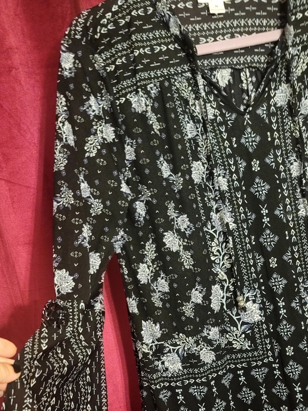 Style & Co. BlackFloral Tie-Neck Peasant Tunic Top Dress